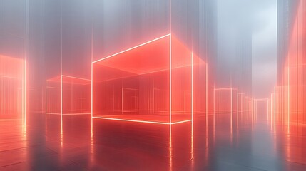 Abstract Red Neon Cubes in a Futuristic Space