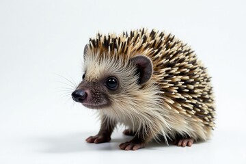 Obraz premium Close-up of a solitary hedgehog on a seamless white backdrop , hedgehog, portrait, wildlife photography
