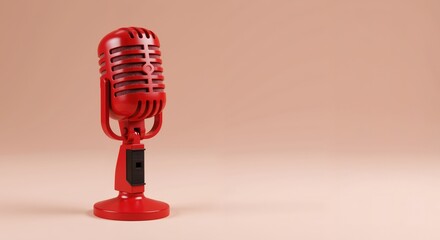 Retro red microphone on beige background  