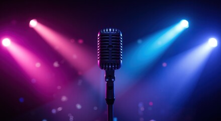 Vintage microphone illuminated by colorful stage lights  