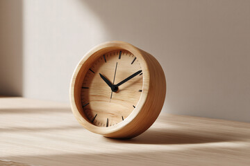 A minimalist wooden clock displays time on a simple, natural wood surface with soft lighting. Timeless design.