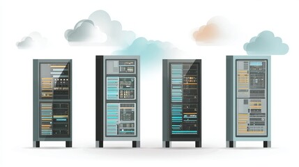 Server racks isolated on white background Flat illustration of cloud system and computing technology