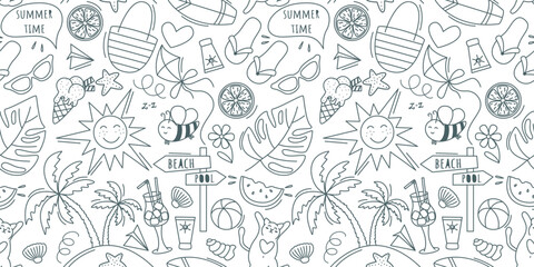 Summer holiday attributes seamless pattern doodle sketch style. Hand drawn background with beach relaxation items. Travel tourism print for textile, packaging, design. Vector graphics