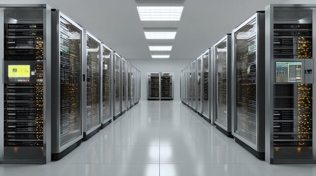 Server room filled with server racks 3D illustration of a secure digital infrastructure