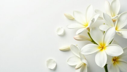 Obraz premium Delicate white flower petals on white backdrop, petals, clean