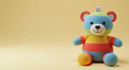 Colorful striped teddy bear on a soft yellow background  