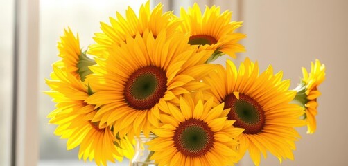 Obraz premium Vibrant yellow sunflowers burst from a clear glass vase, bathed in sunlight, summer, field