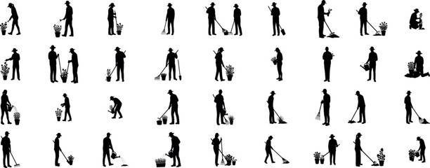  Set of black silhouettes of gardeners working in garden