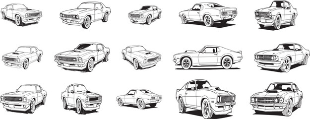 set of American muscle car vector isolated on white