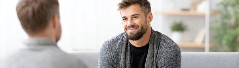 Obraz premium A man with a beard smiles while engaging in conversation with another person, creating a warm and inviting atmosphere.