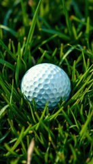 A dimpled white golf ball nestled in lush green grass, putting, white
