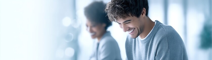 Obraz premium Two people smiling and engaging in conversation, creating a positive and friendly atmosphere in a bright, modern setting.