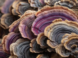 Vibrant turkey tail mushrooms growing in a cluster, showcasing natural patterns and textures, ideal for nature documentaries, mycological studies, and herbal medicine promotions.