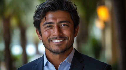 Obraz premium Smiling representative portrait with ample space for text overlay captured outdoors in a professional setting
