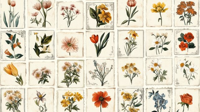 A collection of vintage botanical illustrations of various flowers.