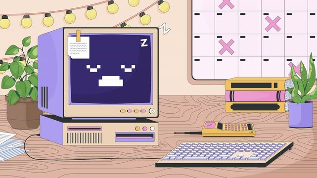 Cozy workspace desk with retro computer lofi animation cartoon wallpaper. Nostalgic tech, calendar marks, PC sleepy zzz, brick phone. Lo fi 2D animated background 4k video. Concept chill aesthetic