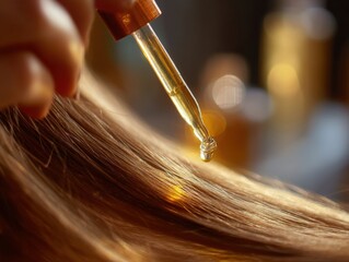 Nourishing hair with a golden serum applied with a dropper, symbolizing beauty, health, and care. Ideal for hair care product ads, beauty blogs, and wellness promotions.