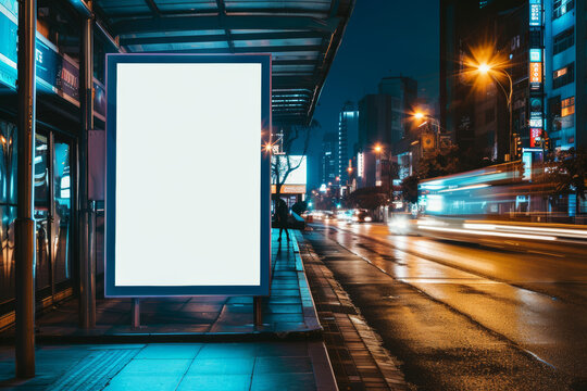 Empty billboard at bus stop lighting up the night