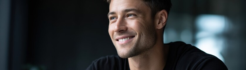 Obraz premium A smiling man in a dark setting exudes confidence and happiness, captured in a candid moment.