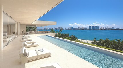 Fototapeta premium Modern building with pool overlooking ocean and city skyline on a sunny day.