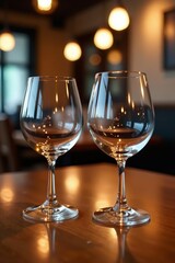 Super close up shot of empty glassware on restaurant table, close up, mockup, restaurant