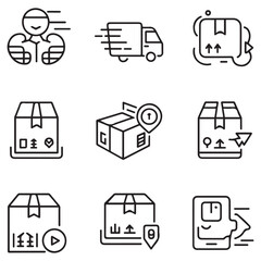 Delivery and Logistics thin line icons set. Delivery, shipping, tracking, parcel, box icon. Editable stroke. Vector with white background