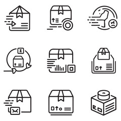 Delivery and Logistics thin line icons set. Delivery, shipping, tracking, parcel, box icon. Editable stroke. Vector with white background