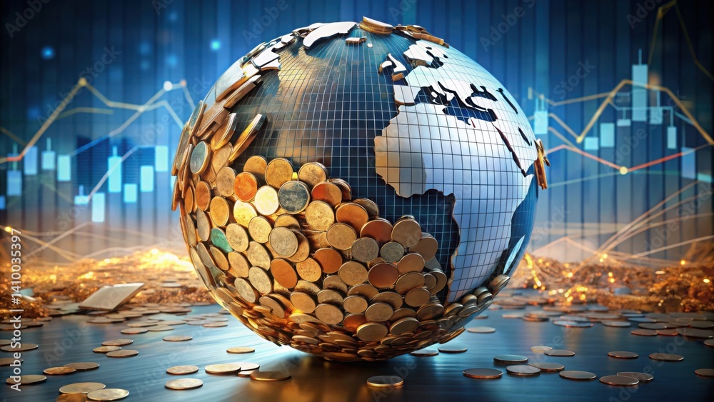 Poster detailed globe of coins with trading charts and financial data visuals