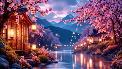 Obraz premium Cherry blossom festival celebration tranquil river nature photography serene landscape peaceful evening cultural beauty