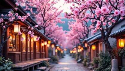 Fototapeta premium Cherry blossom festival celebration historic japanese town photography serene environment wide-angle view cultural experience