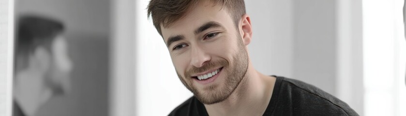 Obraz premium A smiling young man with short hair is standing in a bright room, reflecting in a mirror, exuding happiness and confidence.