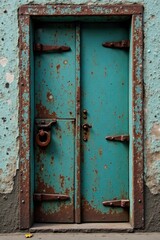 Naklejka premium Distressed metal door with rusty hinges and old lock , weathered, gritty, worn
