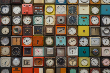 Colorful wall composed of many vintage square clocks showing different times