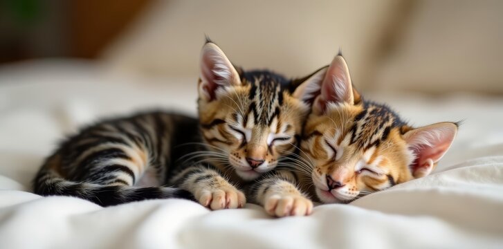 Cute tabby kittens taking a nap together on a soft bed, furry, comfort