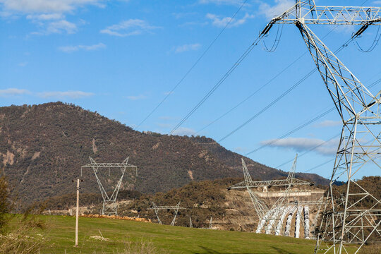 Power lines and power poles with high voltage electricity from Tumut 3 power station