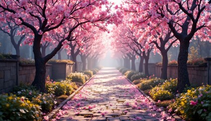 Naklejka premium Cherry blossom pathway botanical garden landscape photography tranquil environment serene viewpoint nature's beauty
