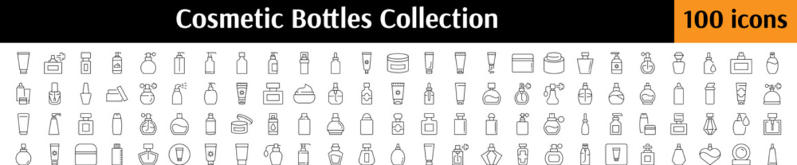 Fototapeta premium Cosmetic Bottles Bundle of Related Line Icons. Perfume, Cream, Shampoo, Gel Outline Signs for Graphic and Web Design, Apps, Adverts, Various Cards