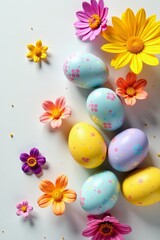 Fototapeta premium Colorful easter eggs with vibrant flowers arranged on a clean white table, decoration, holiday
