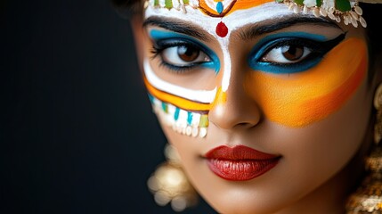 Indian woman clown with traditional ornaments in makeup, dark background 
