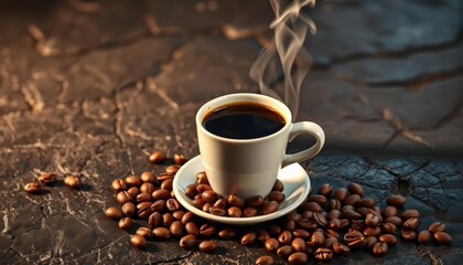 Fototapeta premium Dark stone surface, steaming coffee cup, scattered roasted beans, texture, aromatic