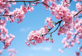 Delicate pink cherry blossoms in full bloom against a clear Auckland sky, ample negative space, beautiful, New Zealand
