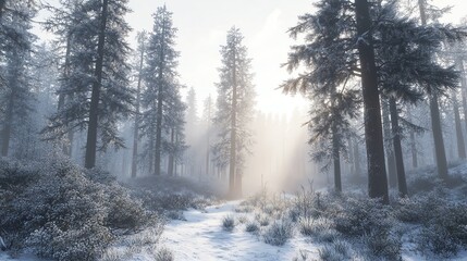 Obraz premium Snowy Path Through Winter Forest with Tall Trees and Morning Mist