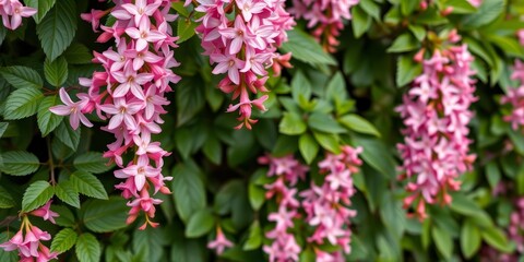 Fototapeta premium Delicate pink climbing flowers with intricate details on lush green foliage, flower, background
