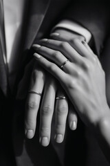Wedding rings on hands: Symbol of love, commitment, and a shared future in monochromatic elegance.