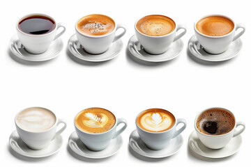 Eight different specialty coffee drinks in glass cups on saucers showing variety of coffee drinks
