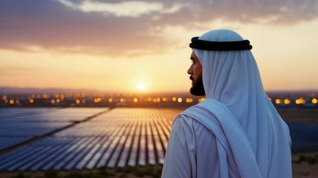 Arab Man in Traditional Clothing Overlooks a Vast Solar Farm at Sunset, Embracing Sustainable Energy