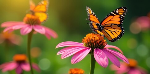 Obraz premium Colorful image of two monarch butterflies perched on a delicate pink cone flower in a garden, flowers, wildlife