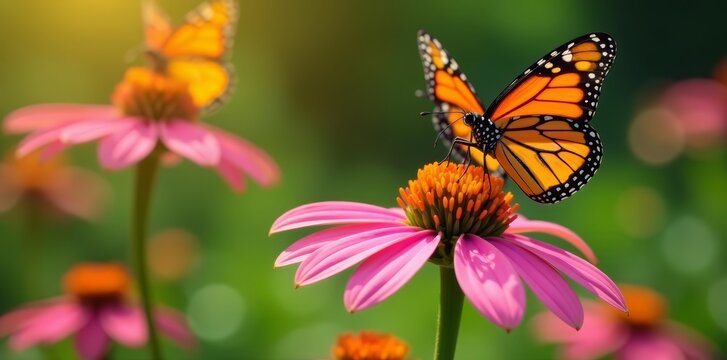 Colorful image of two monarch butterflies perched on a delicate pink cone flower in a garden, flowers, wildlife
