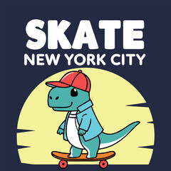 Cute Dinosaur Skateboarder in New York City T-shirt Design for Kids.