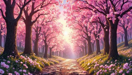 Blossoming cherry trees serene park nature scene vibrant environment dreamy perspective spring concept